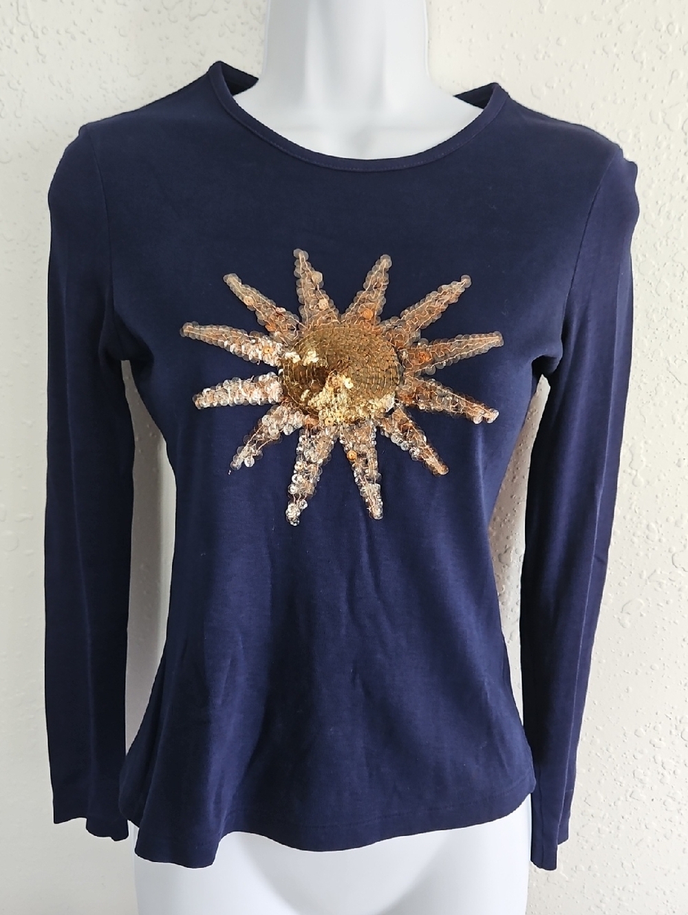Cream 'N Peaches Vintage Sequin Star Longsleeve Navy Blue Top